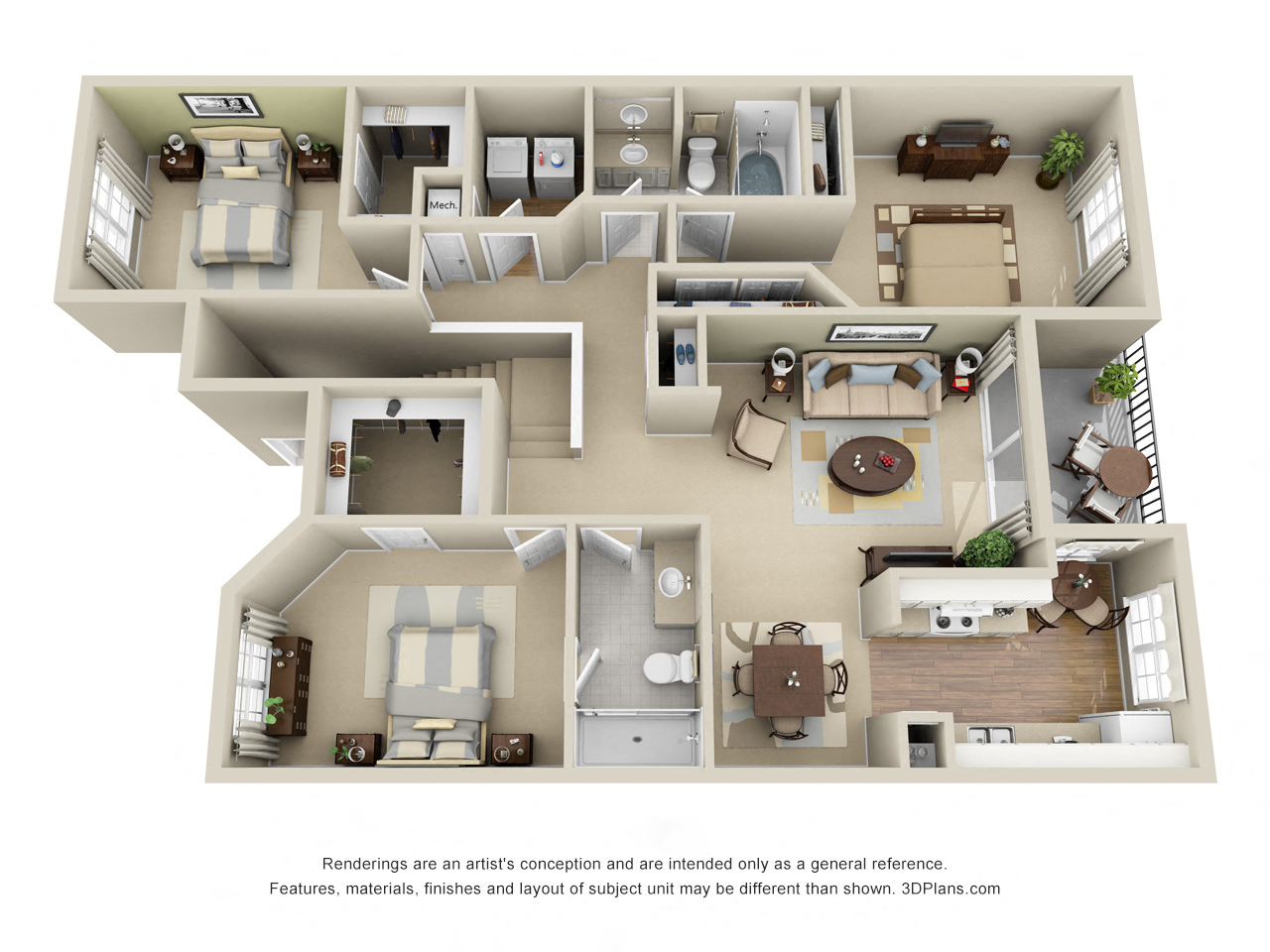 Floor plan for 3 beds, 2 baths, 1460 sqft